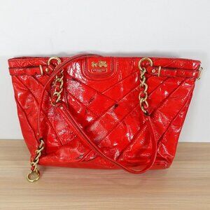 COACH Bag Leather Shoulder Purse Red Tote Medium Diagonal Pleated Madison DEFECT